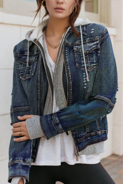 Hooded Zip-Up Denim Jacket - Santiago Suarez