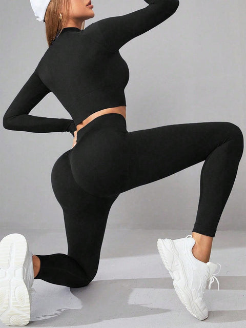 Mock Neck Long Sleeve Top and Leggings Active Set - Santiago Suarez