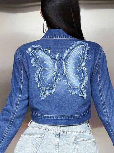 Butterfly Patch Cropped Denim Jacket - Santiago Suarez