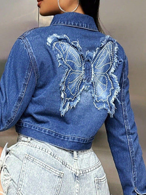 Butterfly Patch Cropped Denim Jacket - Santiago Suarez