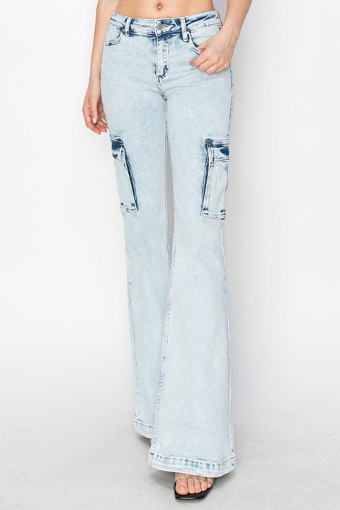 RISEN Full Size High Rise Cargo Flare Jeans - Santiago Suarez