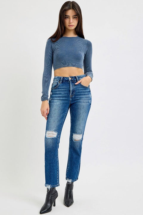 RISEN High Rise Distressed Crop Straight Jeans - Santiago Suarez